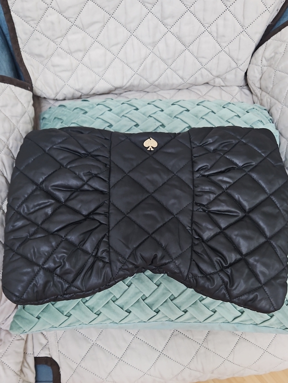 kate spade Black Quilted Puffer Clutch with Gold Spade Accent